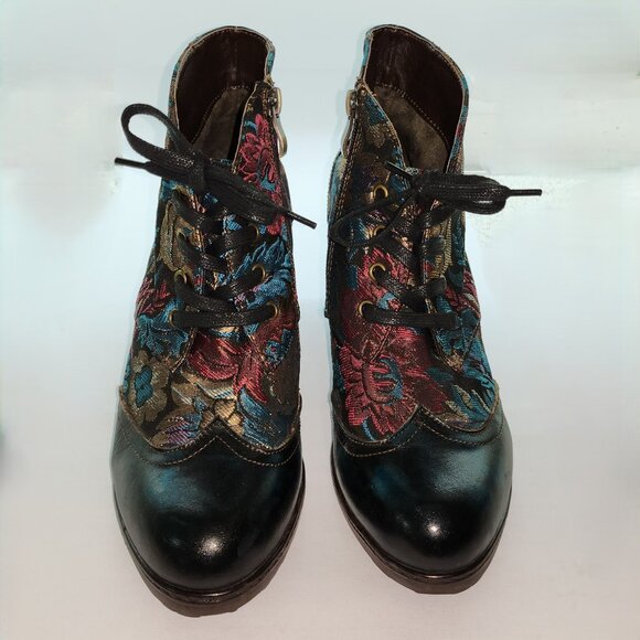 Embossed Floral Leather & Zippered Heeled Ankle Boots - Picture 4 of 8